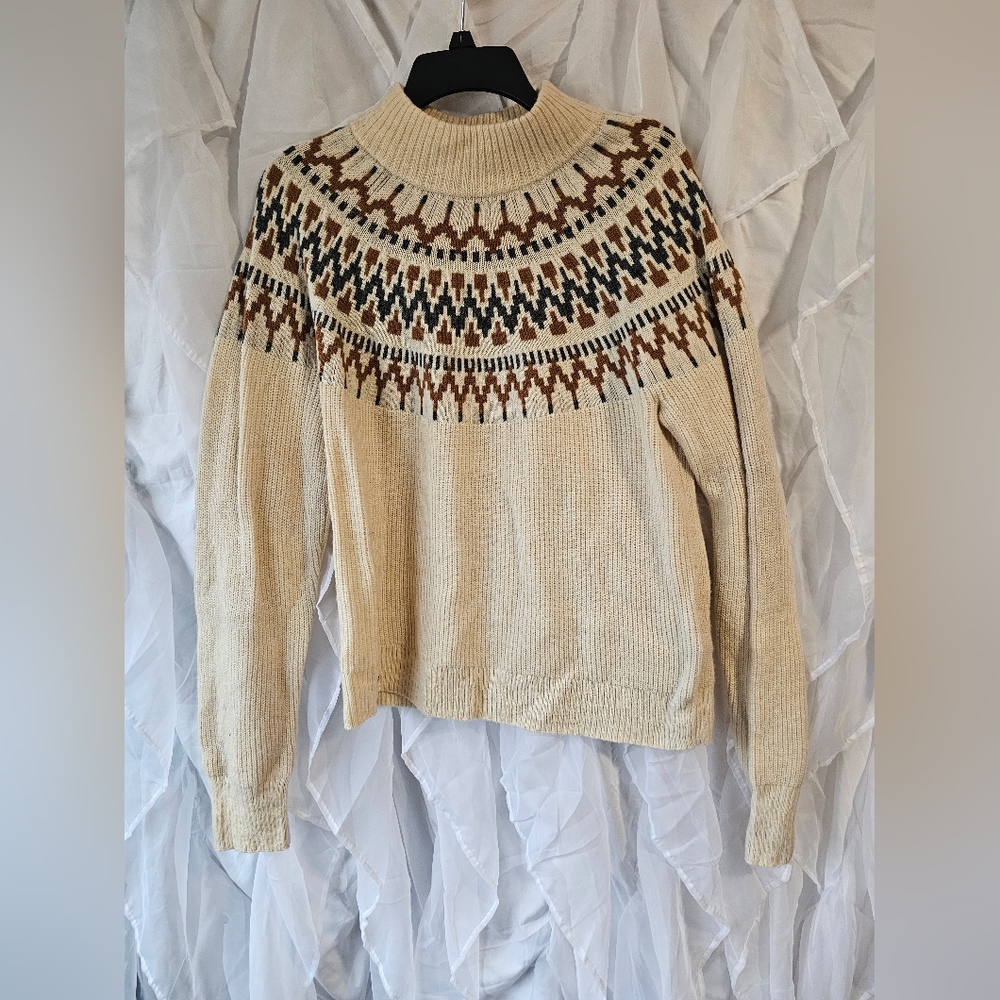 J. Crew Cream Fair Isle Crewneck Sweater with Brown and Black Pattern